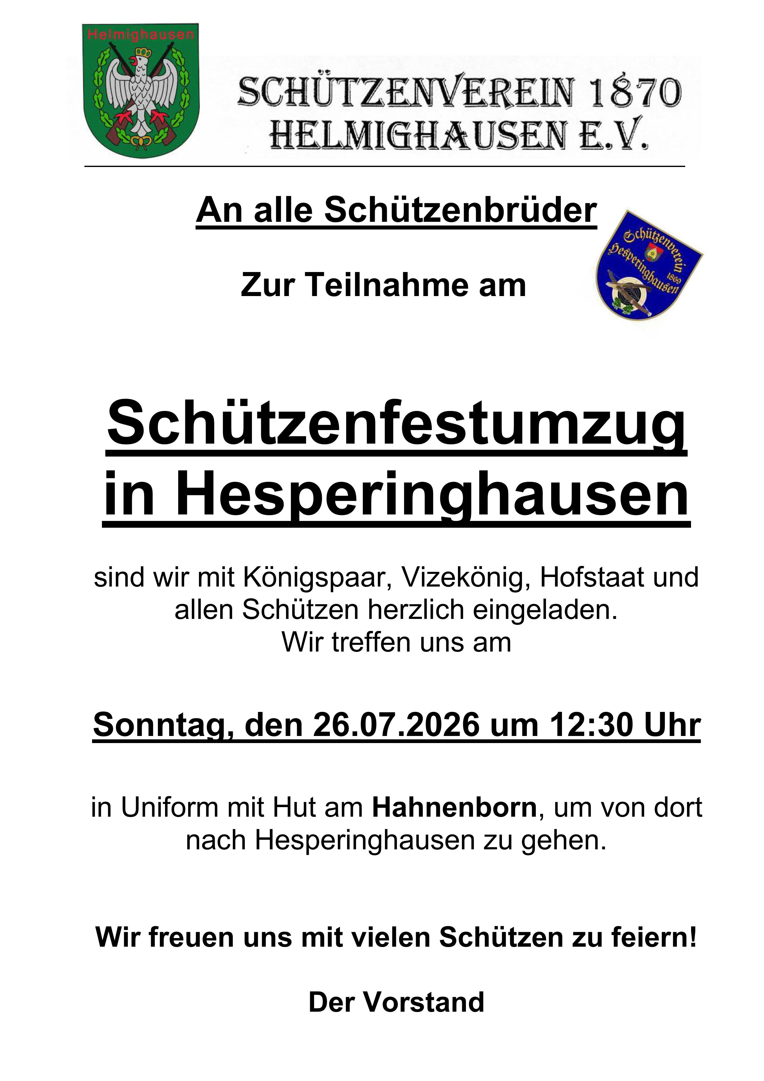 Aushang Schützenfestumzug Hesperinghausen 2026